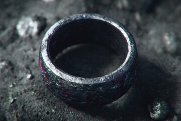 A ring rests on a rough surface, showing texture and color variations under low light