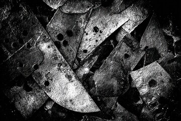 Dark metal pieces show various shapes and holes on a flat background, creating a layered effect in design