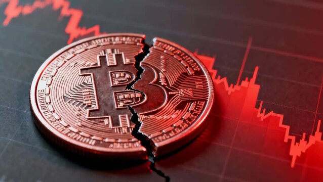 Cracked Bitcoin Coin Over Red Stock Chart Symbolizing Crypto Market Crash and Volatility