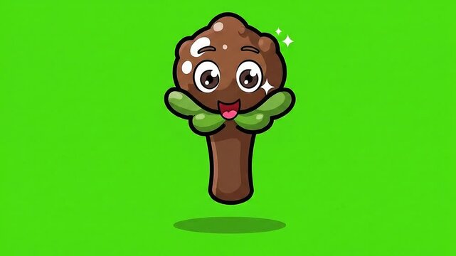 Cute Cartoon Clove Character Waving Green Leaves Isolated on Vibrant Green Screen Background Cheerful Expression Sparkling Eyes