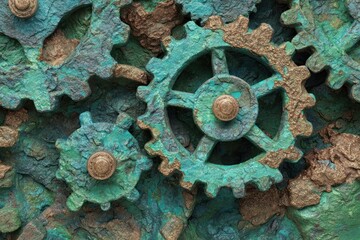 Multiple gears interlocked together display a mechanical structure with rust and a green color tone on their surfaces