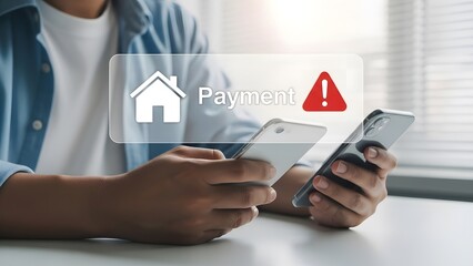 Man holding phone with payment and warning symbols overlaid on screen