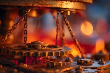 Gears and chains are moving in a workshop setting, with warm light from the sunset creating an engaging scene