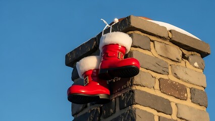Red boot hanging from brick chimney