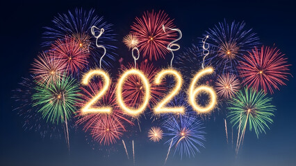 Vibrant fireworks display celebrating the year 2026 with colorful explosions