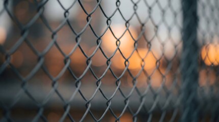 Fototapeta premium Chain Link Fence Detail with Blurred Warm Bokeh Background