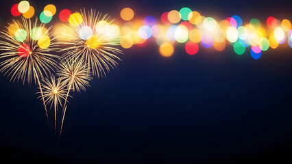 Vibrant fireworks display against a colorful bokeh light background at night