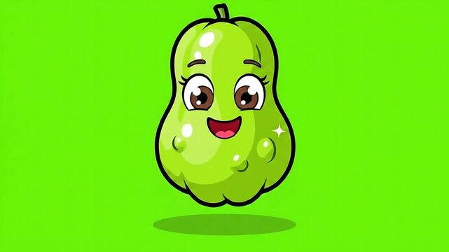 Cute Pixelated Guava Character with Happy Expression Isolated on Bright Green Background with Subtle Sparkles