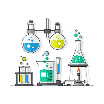 Vibrant Laboratory Glassware Setup Featuring Test Tubes Beakers and Bunsen Burner for Scientific