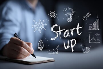 Businessman writing the word Start Up while surrounded by digital icons representing innovation and growth in a modern workspace