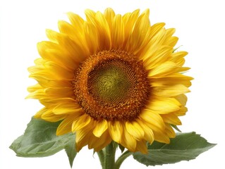Obraz premium Vibrant sunflower with green leaves isolated on white background