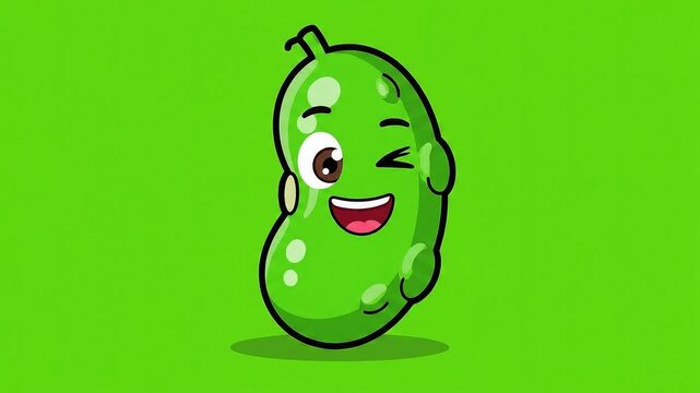 Animated Green Bean Character Winking and Smiling on Vibrant Green Background