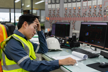 Electrical engineer performing detailed analysis and assessment of operational data inside control room, reviewing documentation and system displays to support accurate technical decision making.