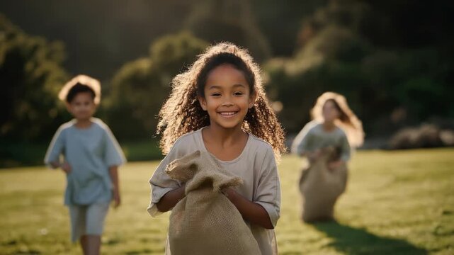 Children happily carrying sack on sunny outdoor grass field during daytime