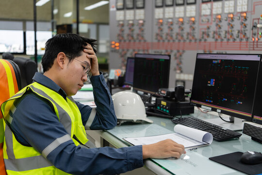 Electrical engineer performing detailed analysis and assessment of operational data inside control room, reviewing documentation and system displays to support accurate technical decision making.