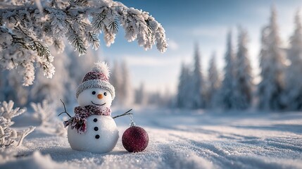 Fototapeta premium Festive Snow Scene featuring Cute Snowman with Scarf and Ornament Outdoors