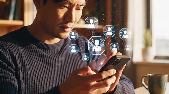 Man uses smartphone with social network icons floating above device. User connects through phone with digital contact icons. Man holds smartphone showing network. Social contact on phone screen.