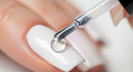 Nail Care Application in Close-up with White Polish and Clear Top Coat in Soft Focus for Beauty Blog
