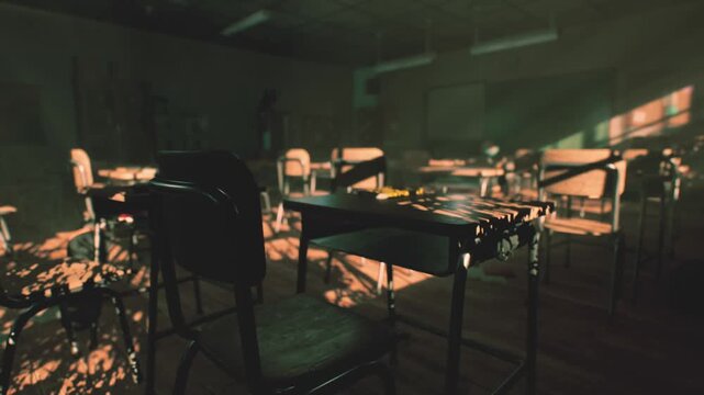 Dust covered desks and empty chairs fill the abandoned classroom. Soft rays of fading sunlight filter through the windows, casting long shadows on the wooden floor, evoking a sense of nostalgia.