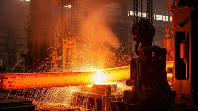 Intense sparks erupt from glowing hot metal processed by heavy machinery in a dark industrial factory setting