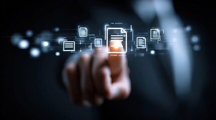Abstract Modern Businessman Touching Document Icon for Digital Transformation Concept