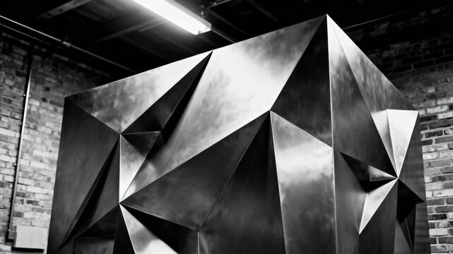 Medium angle on a metal facade sculpture with sharp geometric lines and bold angular elements adding a contemporary industrial aesthetic.