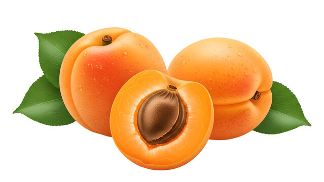 Vibrant orange apricots with green leaves on black background