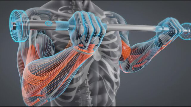 Anatomical illustration of biceps muscles contracting during a barbell curl exercise