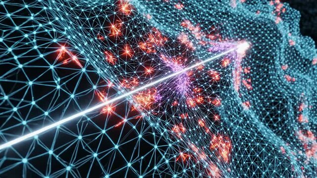 Extremely detailed slow motion digital scanner ray sweeping across a glowing three-dimensional wireframe lattice structure revealing hidden flaws and instability technology, concept, data