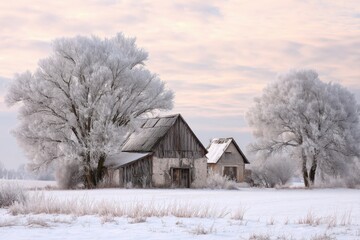 Cold winter landscape with a rustic barn and house surrounded by frosty trees in a serene rural setting