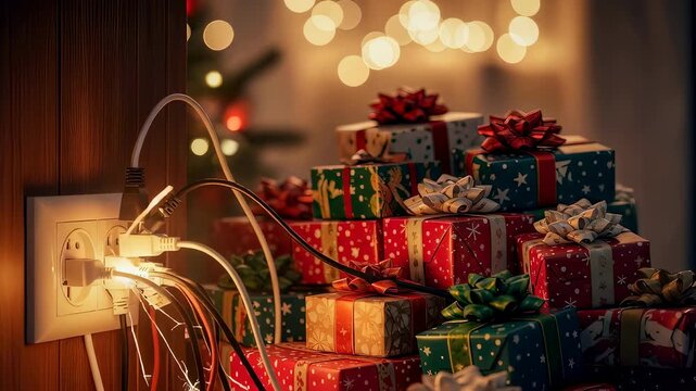 Electrical outlet sparking near Christmas gift with wires. Fire hazard and safety during holiday season. Overloaded socket with cords.