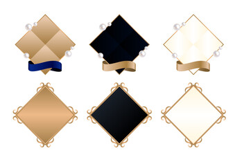 パールとリボンで装飾されたゴールドとブラックとホワイトの菱形エンブレムセット。唐草模様のフレームと光沢のあるメタリックな質感のメダル。ランキングや受賞用バッジのベクターイラスト