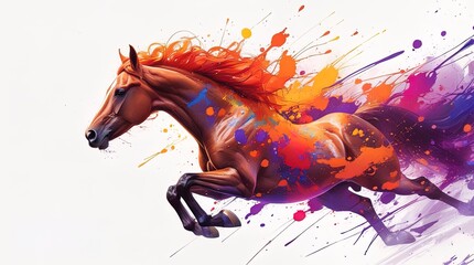 Colorful horse gallop, paint splatters, orange-purple, motion, abstract, high contrast, white, cinematic, 8k, digital art. Happy New Year of the  Horse 2026