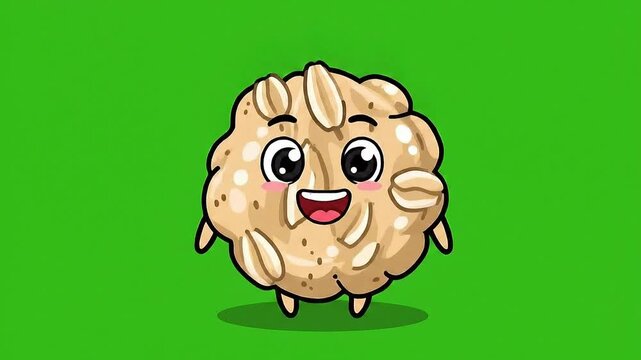 Cute Animated Oatmeal Cookie Character Dancing Joyfully Isolated on Green Screen Background for Food Advertisements and Children's Content