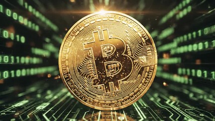 Bitcoin cryptocurrency coin displayed prominently on a futuristic digital circuit board background with neon green binary code - Powered by Adobe