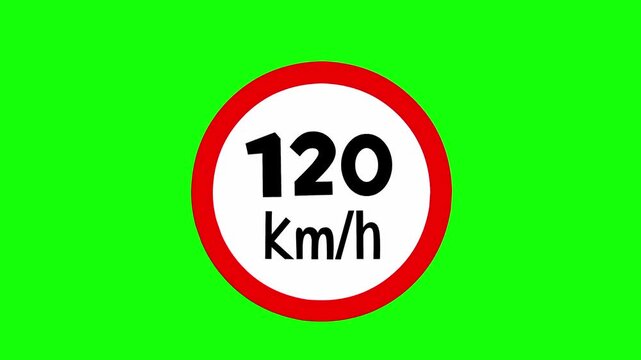 Animation of a traffic sign icon showing a speed limit of 120 km per hour on a green screen background.