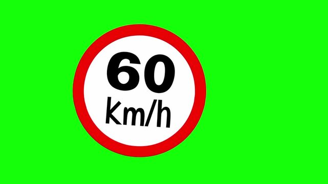 Animation of a traffic sign icon showing a speed limit of 60 km per hour on a green screen background.