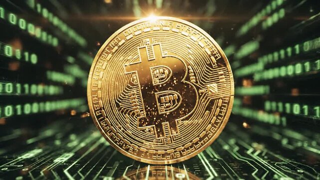 Bitcoin cryptocurrency coin displayed prominently on a futuristic digital circuit board background with neon green binary code