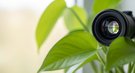 ドッキリ番組でよく見る、観葉植物に隠された（見え見えの）隠しカメラとコピースペース