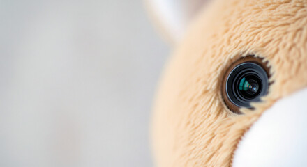 ぬいぐるみの目に隠された隠しカメラのレンズとコピースペース