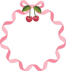Cute coquette pink ribbon and cherry vector frame