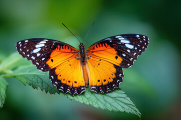 Fototapeta premium Close-up view of butterfly resting on green leaf with open wings in natural setting during daytime in a garden or park