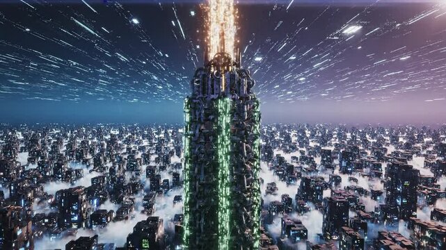 Bitcoin Transactions Illuminating a Snowy Metropolis at Dusk with Towering Skyscrapers in 4K Upscale View