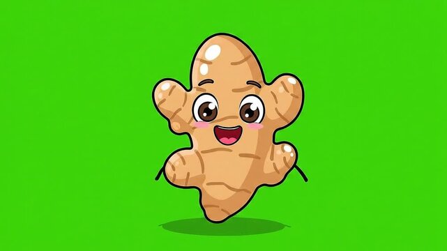 Charming Animated Ginger Root Character Joyfully Jumps Against a Vibrant Green Screen Background Lively Pixel Art Style