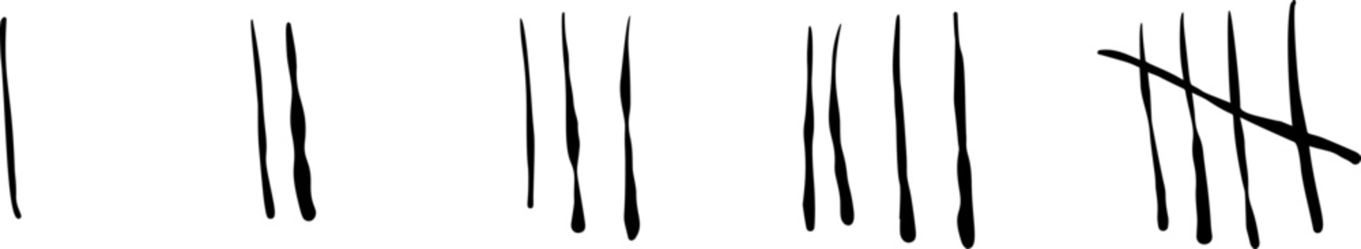 Tally marks set, hand drawn counting lines in smooth brush stroke style. Simple collection of tally marks set for score keeping.