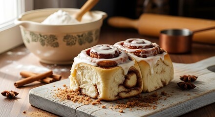 Freshly baked cinnamon rolls on a wooden board