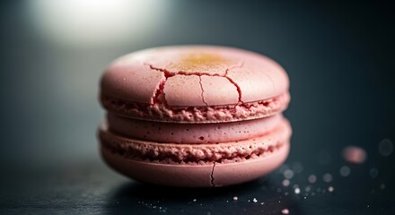 Delicate pink macaron on dark surface