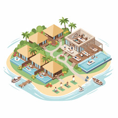 Fototapeta premium Isometric Detailed Island Resort Architecture with Swimming Pools and Relaxing People
