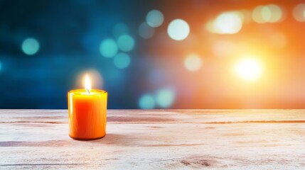 Warm glowing candle illuminating tabletop with soft blurry background creating peaceful serene atmosphere.