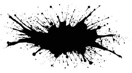 Obraz premium A dynamic black ink splatter with numerous small droplets radiating outwards on a clean white background, creating an abstract and energetic visual.